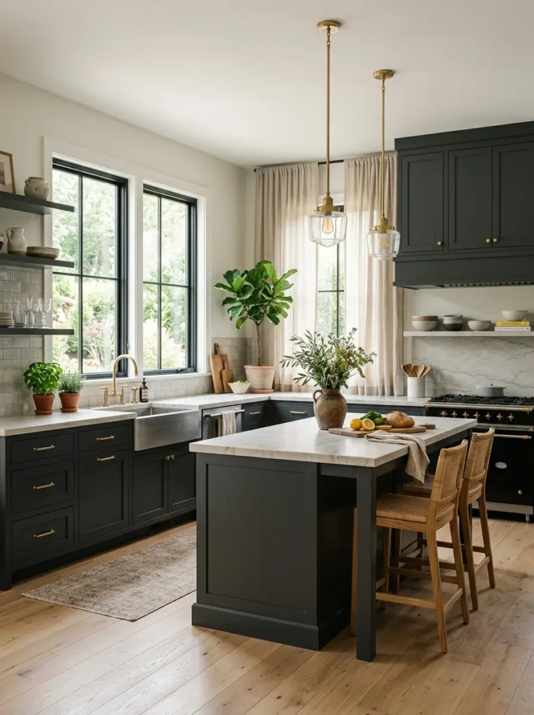 Iron ore cabinets with sheer linen curtains and abundant natural daylight.