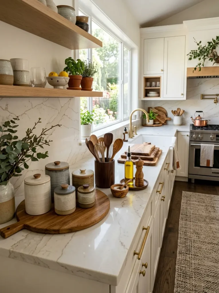 Dark kitchen featuring elegant canisters and handcrafted wooden accessories.