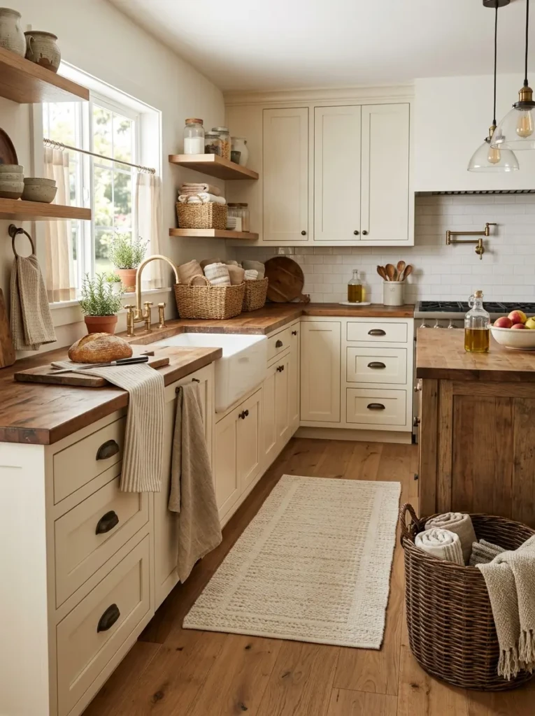 Linen towels and woven baskets styling an inviting off white kitchen.