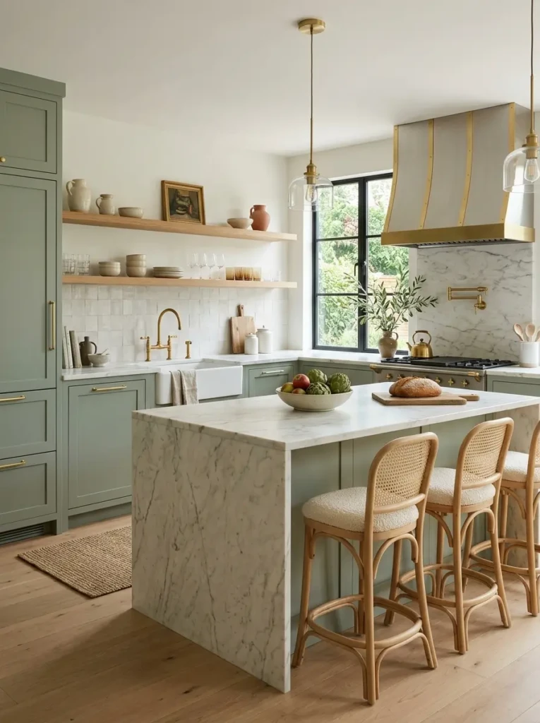 Sage green cabinetry with brass fixtures and marble countertops.