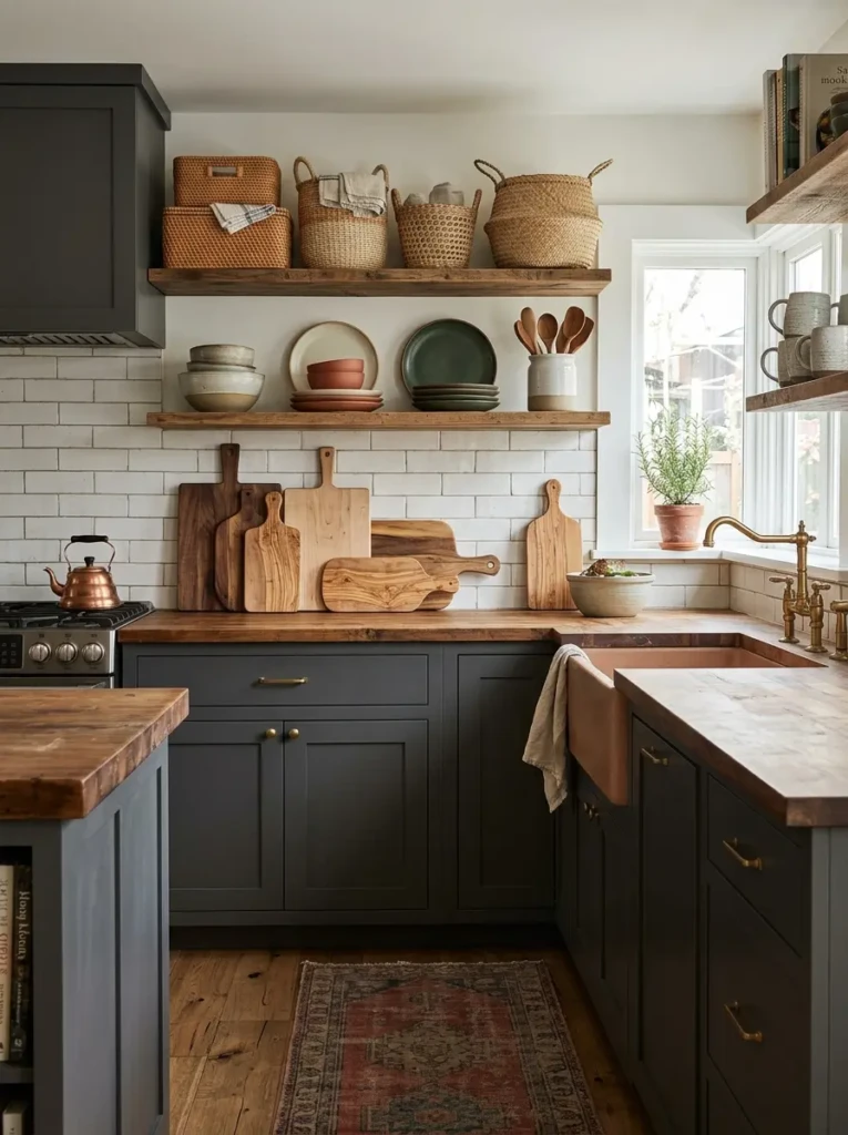 Dark kitchen styled with wooden cutting boards, woven baskets, and ceramic décor.