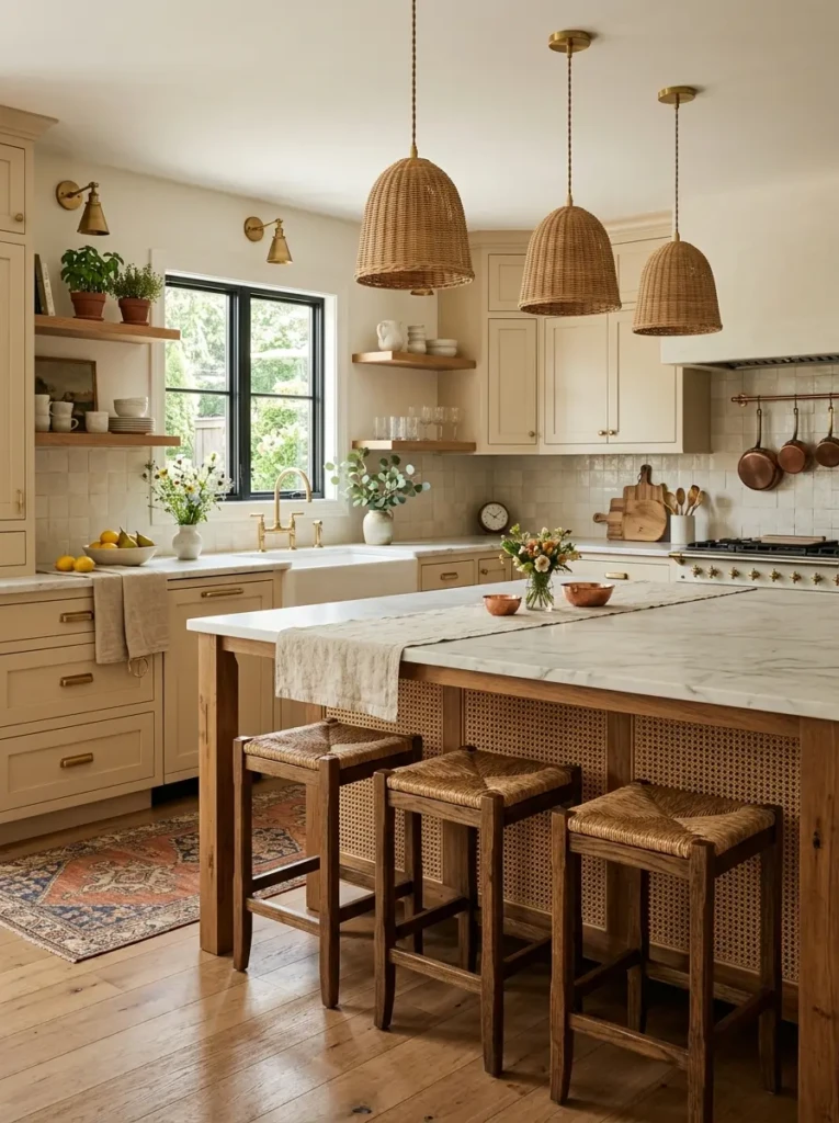 Brass hardware, woven textures, and wooden stools in a timeless kitchen.