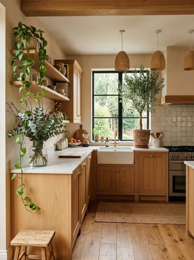 Olive tree and houseplants decorating a warm modern kitchen.