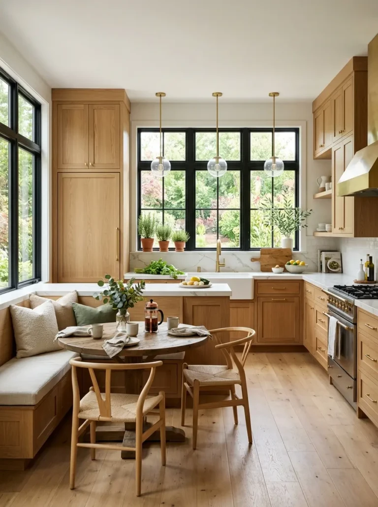 Bright modern L shaped kitchen with warm wood cabinets, white quartz countertops, and natural light.