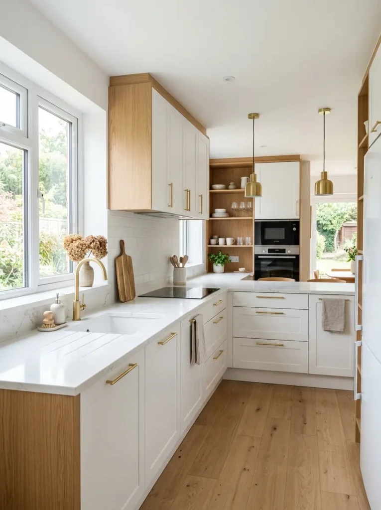 White and oak L shaped kitchen with quartz countertops and clutter-free surfaces.