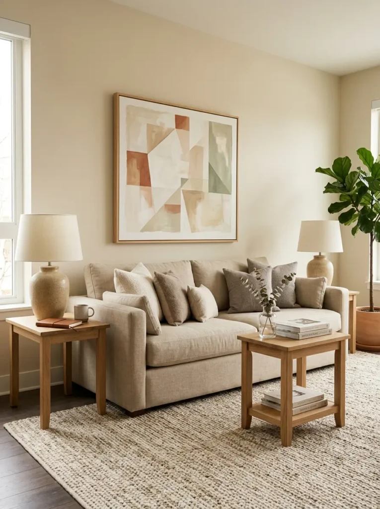 Matching lamps and side tables in a cozy neutral living room.