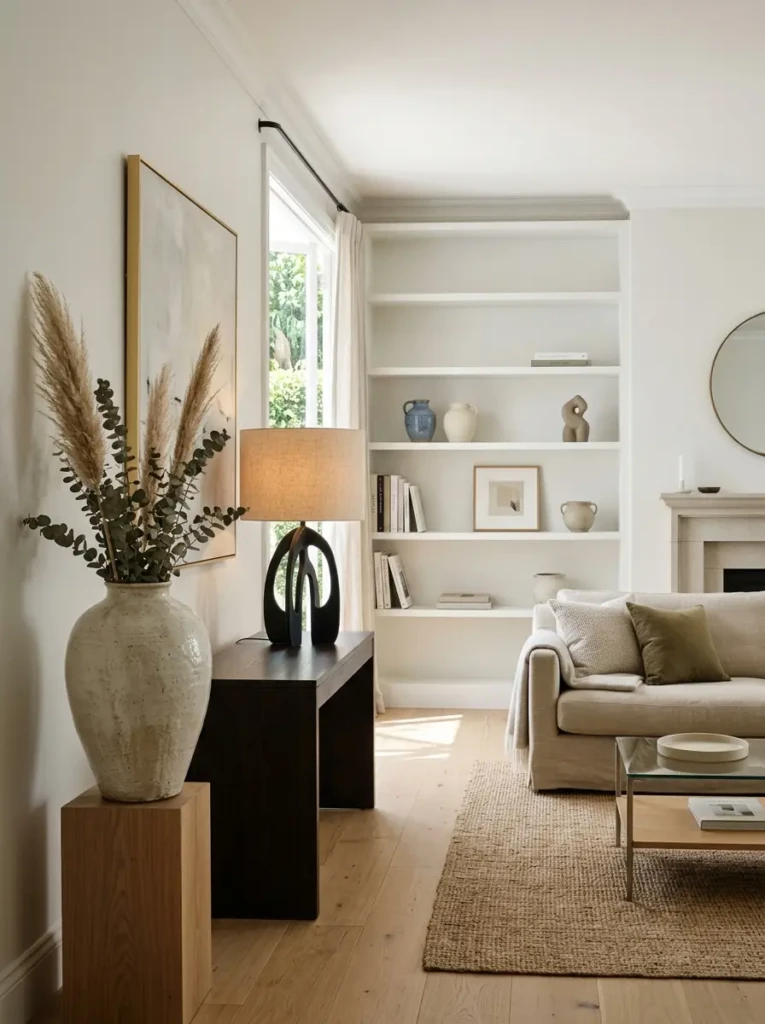 Sculptural decor and oversized vase in a modern long living room.