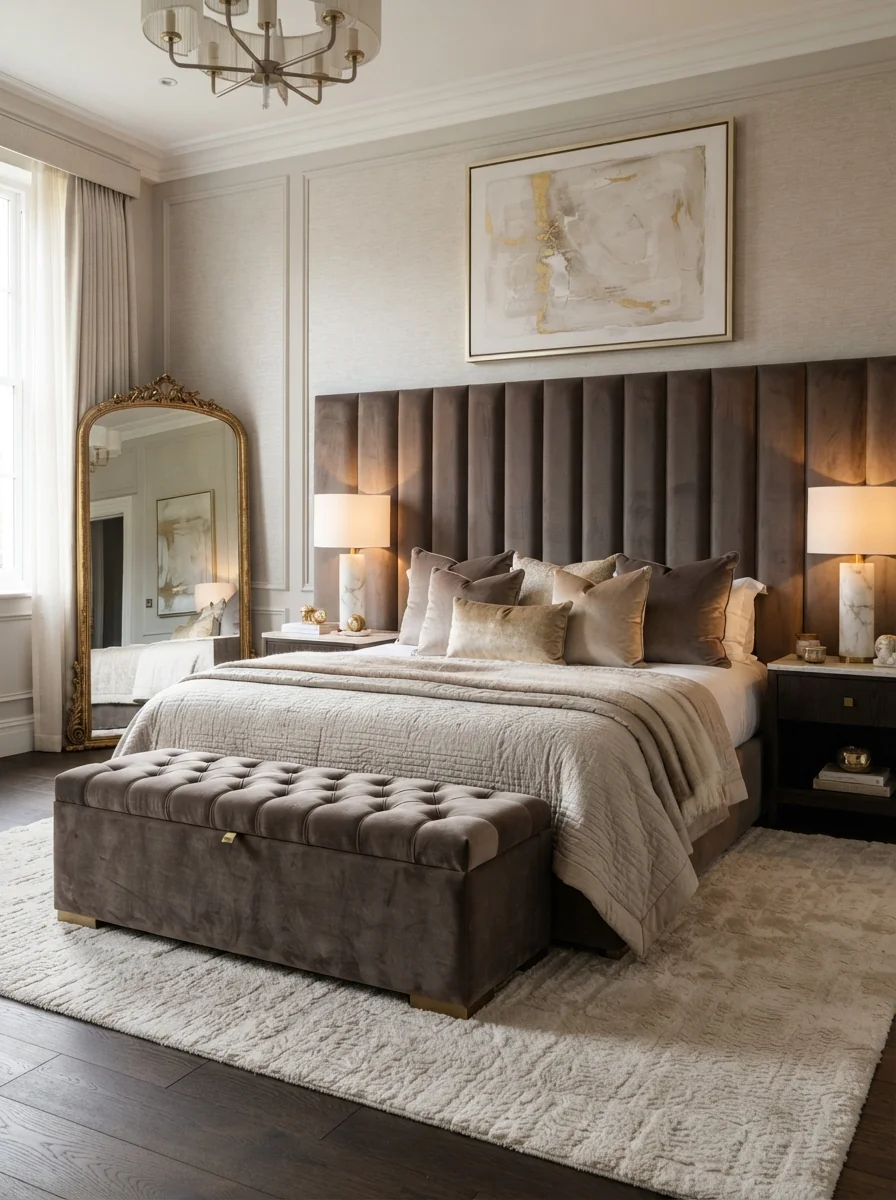 12. Layered Luxury Bedroom With Rich Textures and Statement Decor