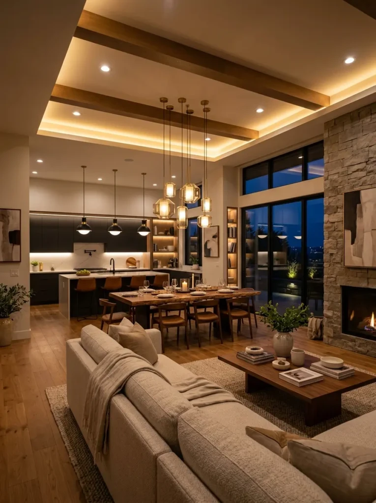 Modern open layout living room dining room with ambient lighting.