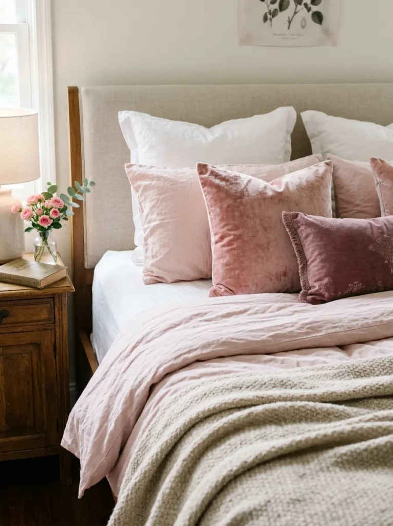 Soft pink bed styled with textured bedding and decorative cushions.