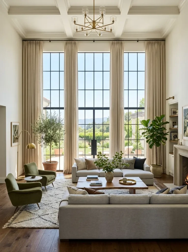 Long living room with elegant floor-to-ceiling linen curtains.
