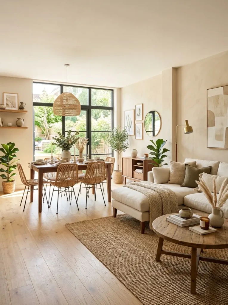 Connected living and dining spaces with cohesive modern decor.