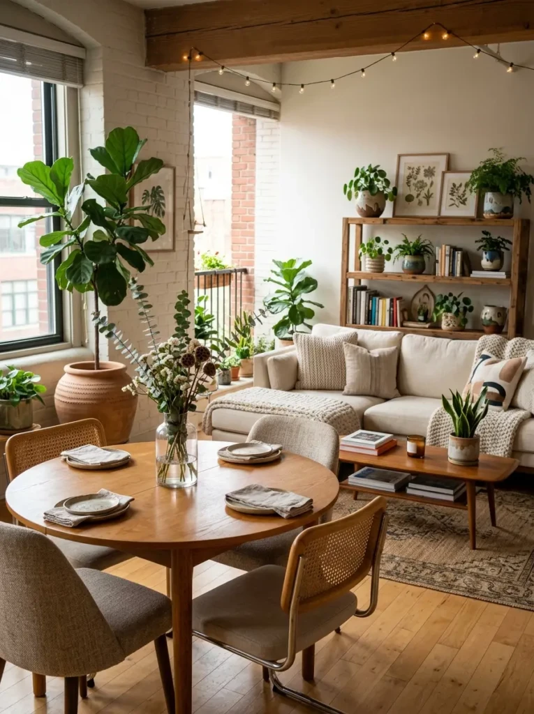 Open concept living room dining room featuring decorative plants and natural textures.