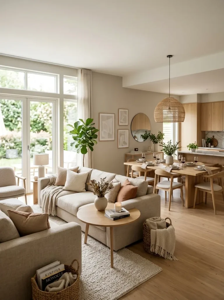 Elegant open layout living room dining room with cozy neutral decor.