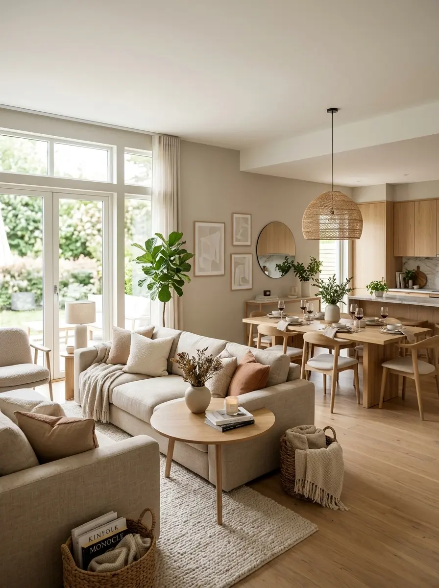 Elegant open layout living room dining room with cozy neutral decor.