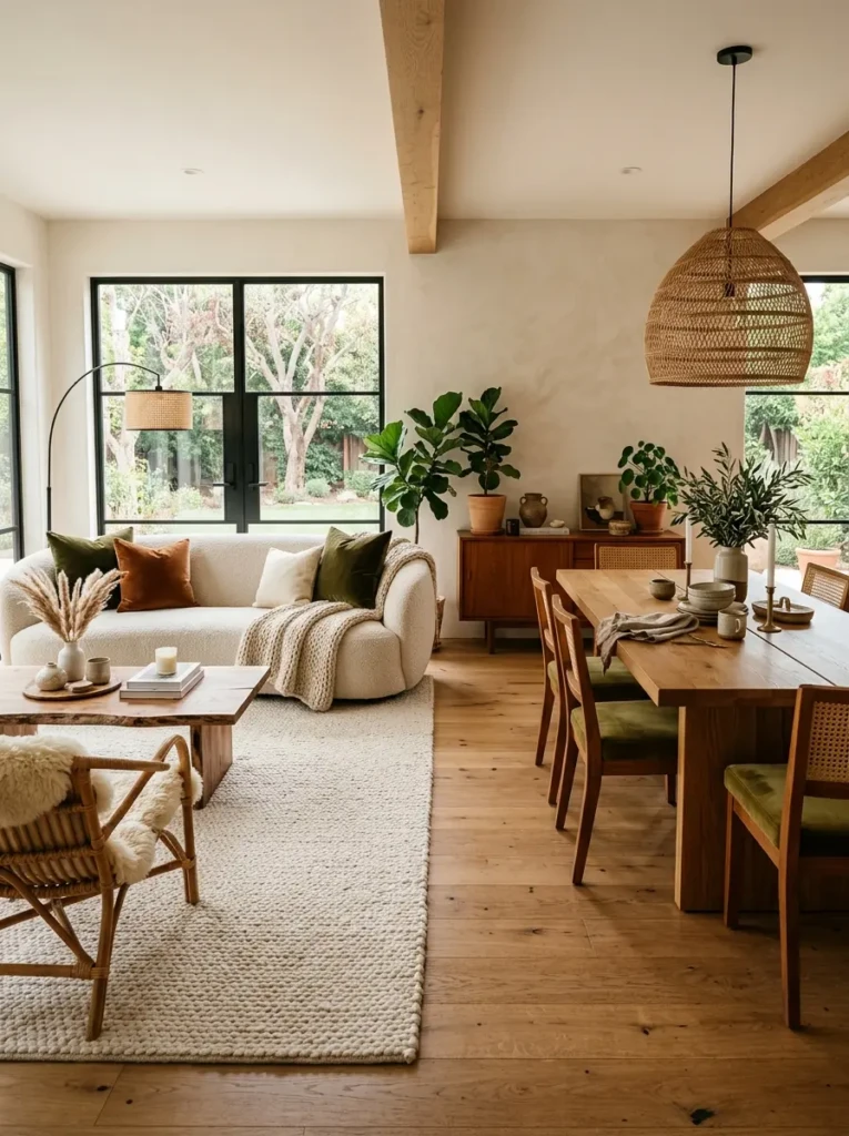 Open layout living room dining room featuring velvet, rattan, and wood textures.