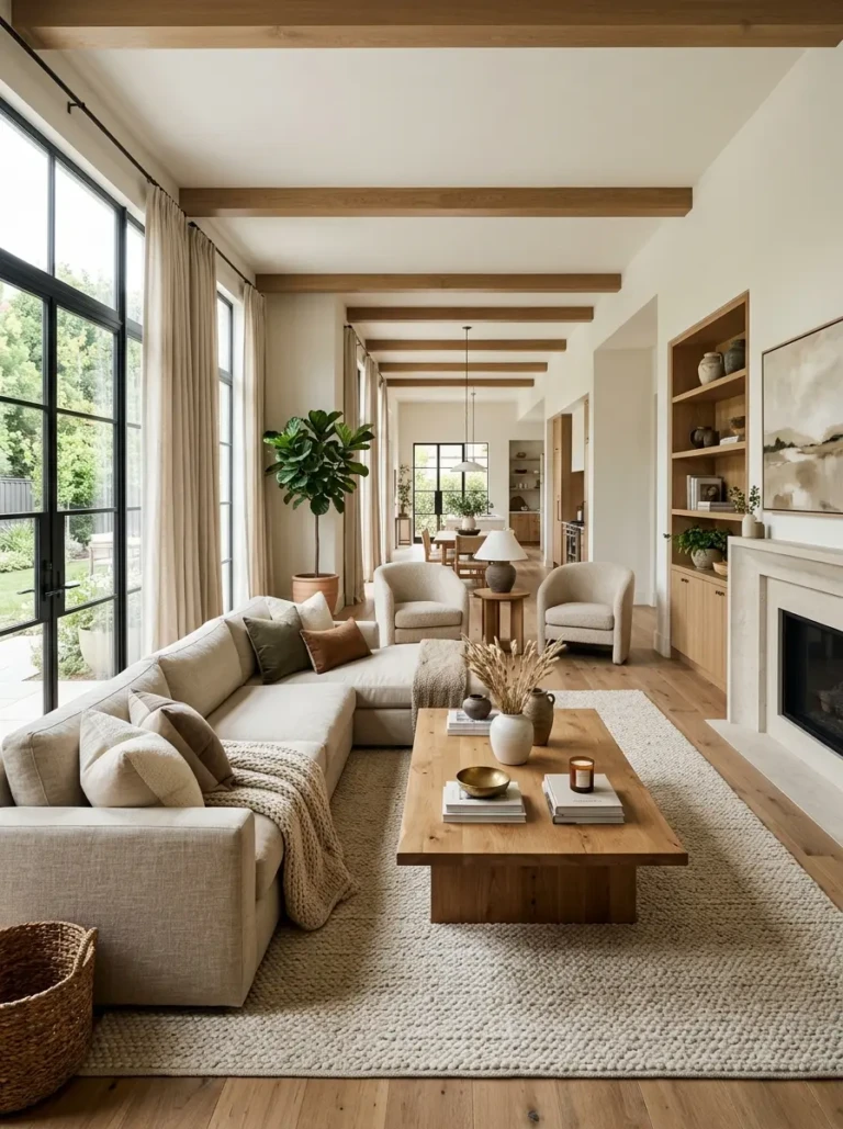 Elegant long living room layout with cozy seating, neutral decor, and natural light.