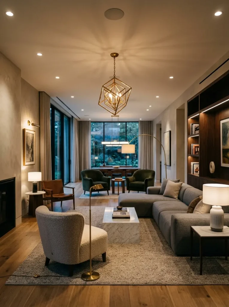 Multiple light sources brightening different zones of a long living room.