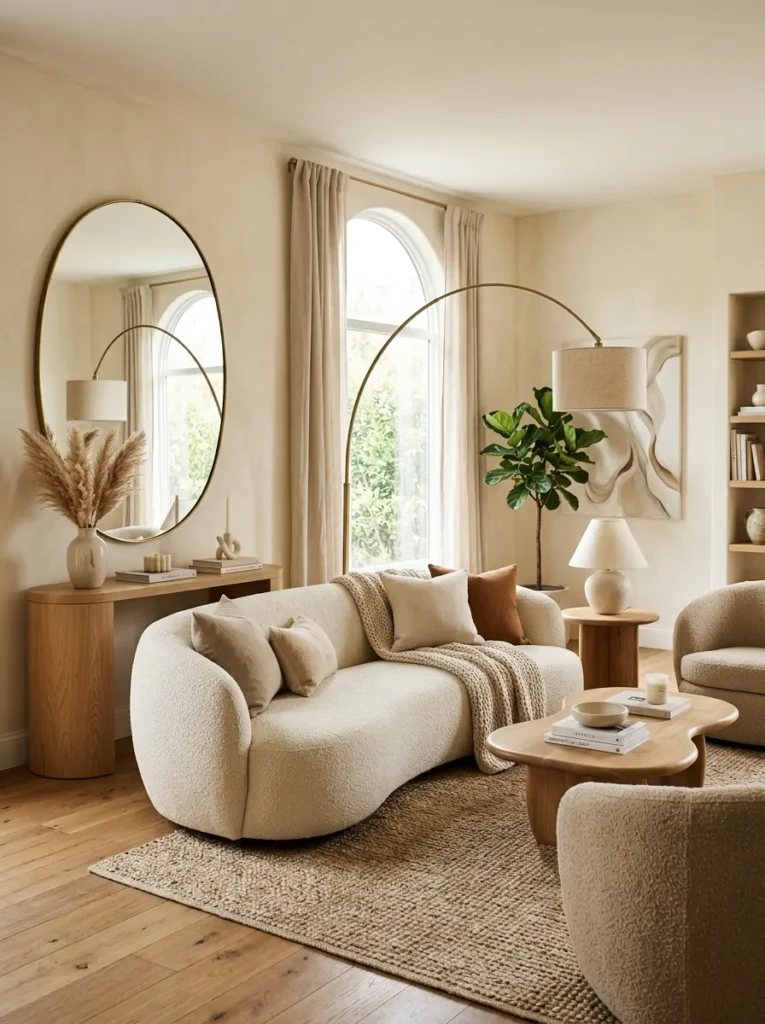 Curved decor elements creating flow in a modern long living room.