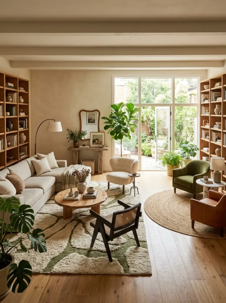 Long living room using rugs and furniture to create separate spaces.