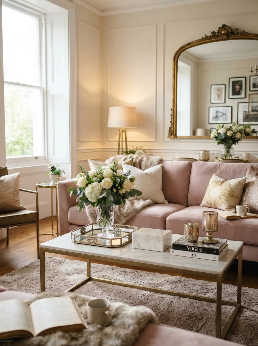 8. Luxe Glam Living Room With Sparkling Finishes