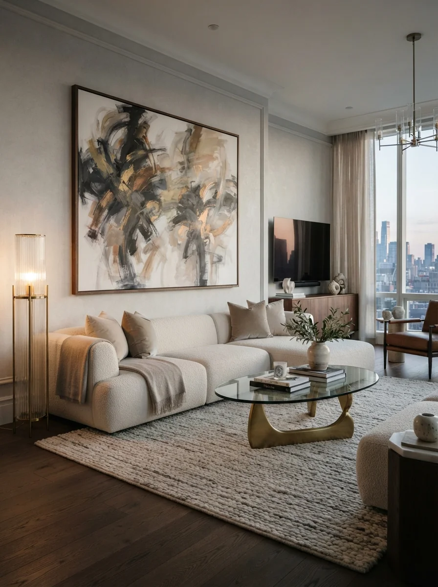 9. Luxe Hotel Style Living Room With Oversized Artwork