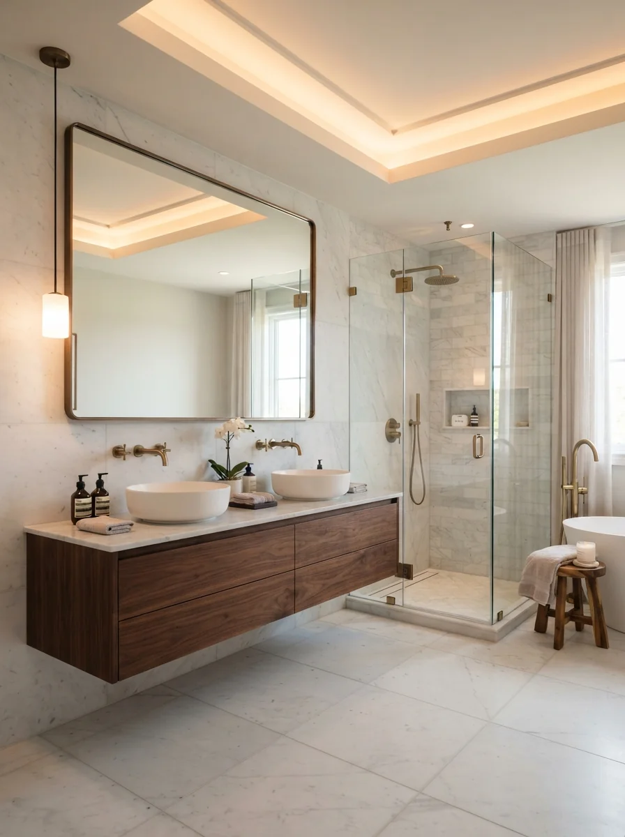 7. Luxury Bathroom With Backlit Ceiling Recesses