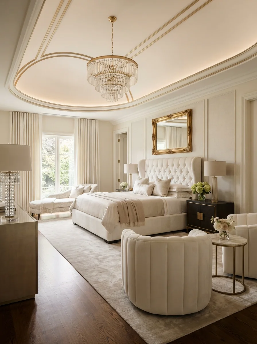 9. Luxury Gold Accent Ceiling With Soft Curves