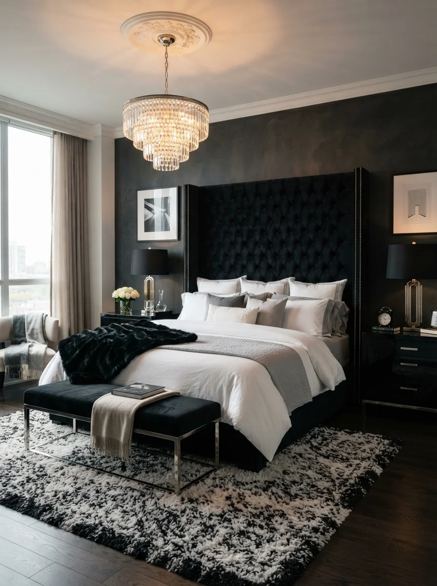 3. Luxury Hotel-Inspired Black and White Suite