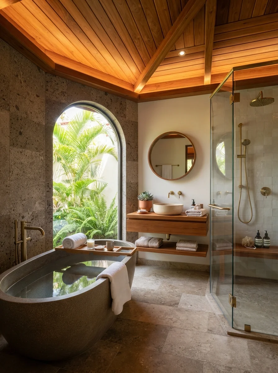 10. Luxury Spa Bathroom With Teak Ceiling