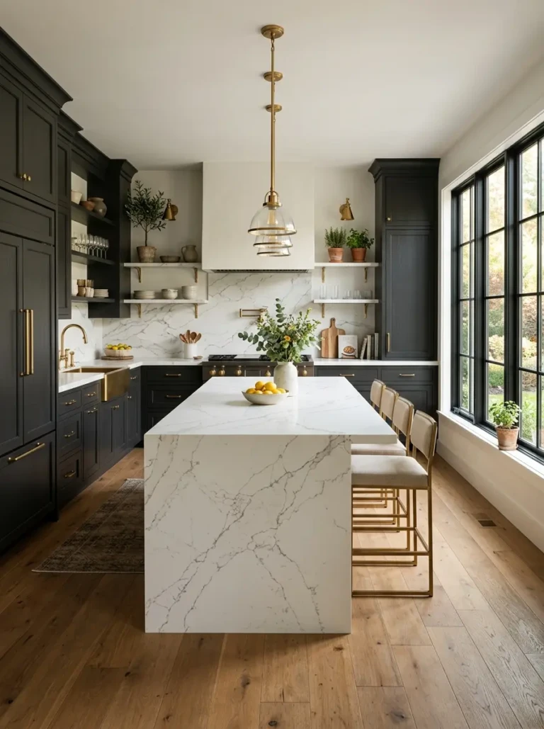 Luxury kitchen with iron ore kitchen cabinets, white quartz island, brass hardware, and warm oak flooring.