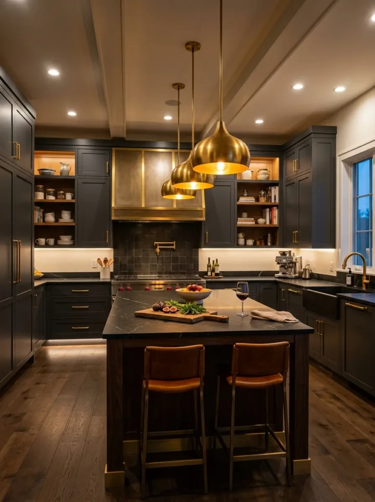 Luxury kitchen illuminated with warm ambient lighting and elegant brass fixtures.