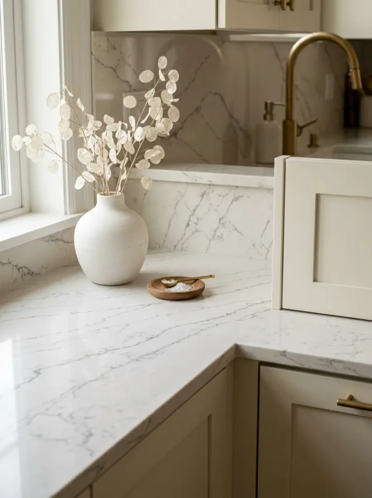 Marble-look quartz countertop paired with off white cabinets and modern décor.