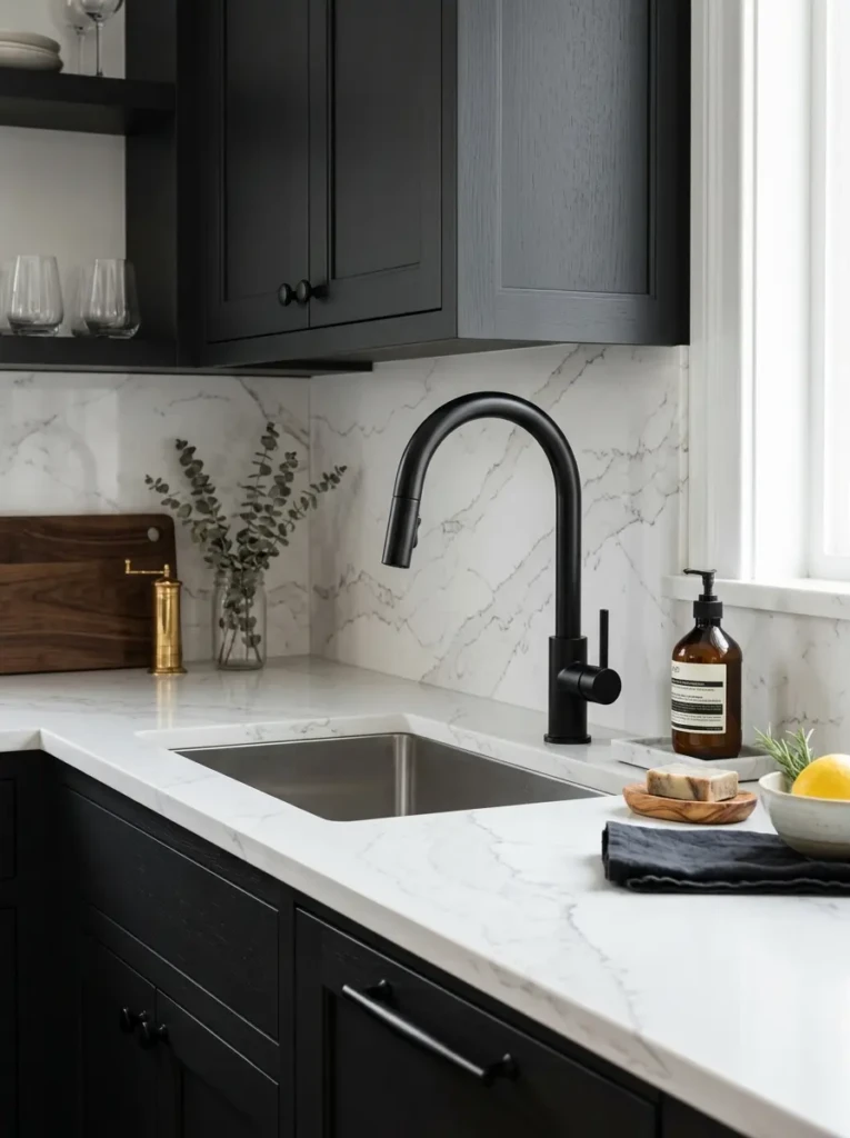 Close-up of marble-look countertops with iron ore kitchen cabinets and elegant finishes.