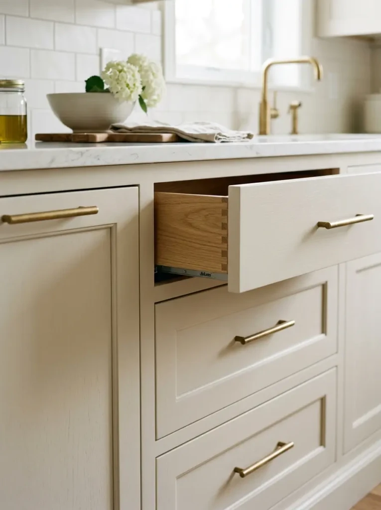Matte ivory kitchen cabinets with modern hardware and clean minimalist styling.