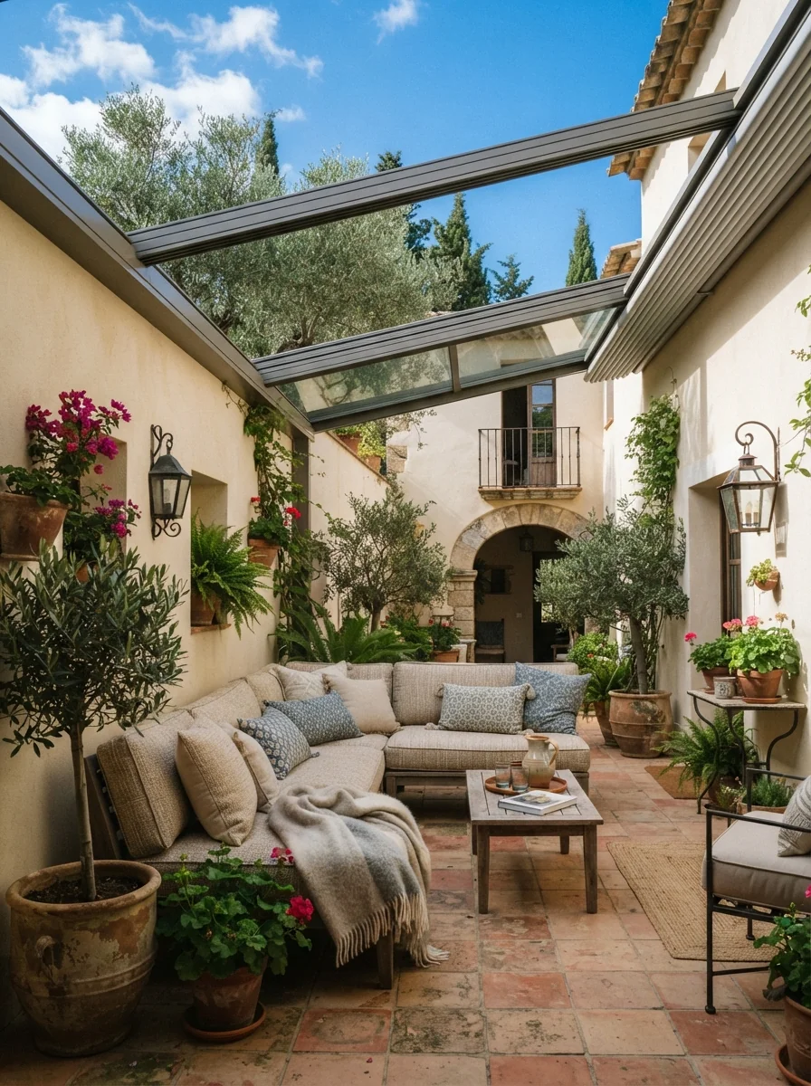 8. Mediterranean Courtyard Lounge With a Retractable Glass Ceiling