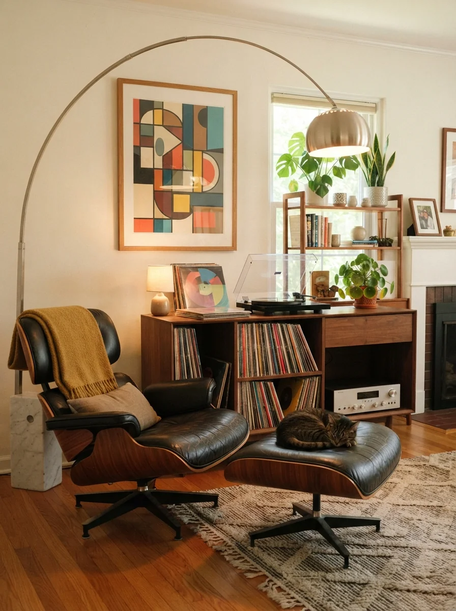 6. Mid-Century Modern Lounge With A Vintage Record Cabinet
