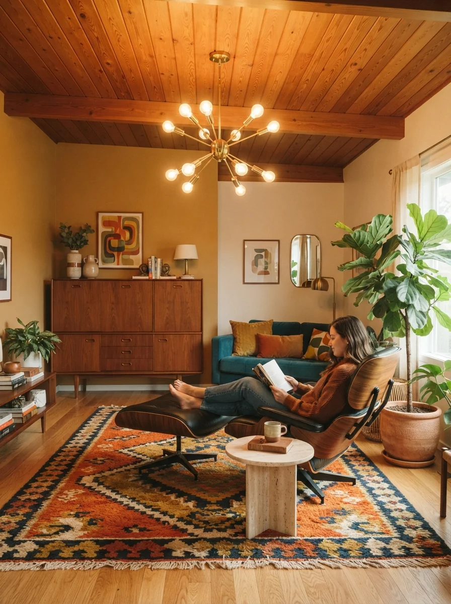 9. Mid-Century Modern Tongue-and-Groove Ceiling Lounge