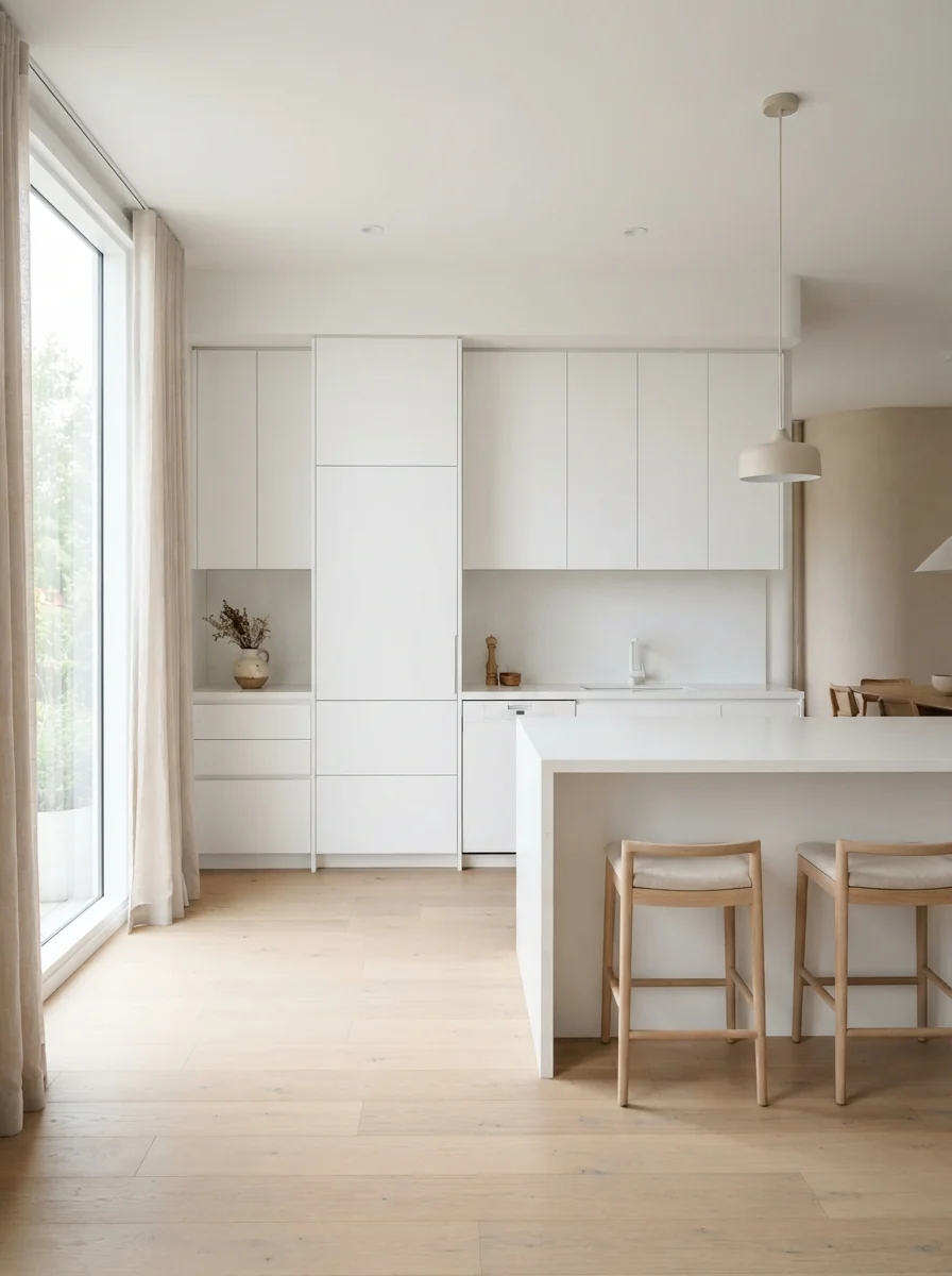 4. Minimalist White Kitchen With Hidden Storage
