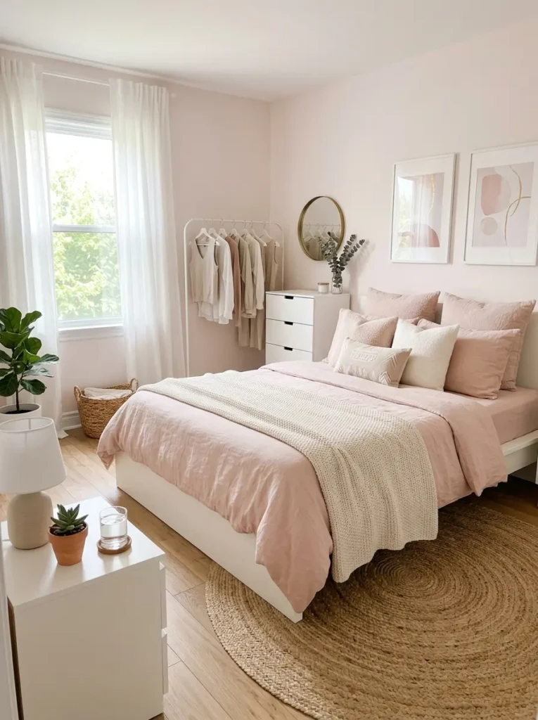 Minimalist pink bedroom with white furniture and soft cozy textures.
