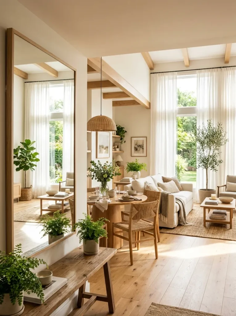 Mirror reflecting sunlight across an open layout living room dining room.