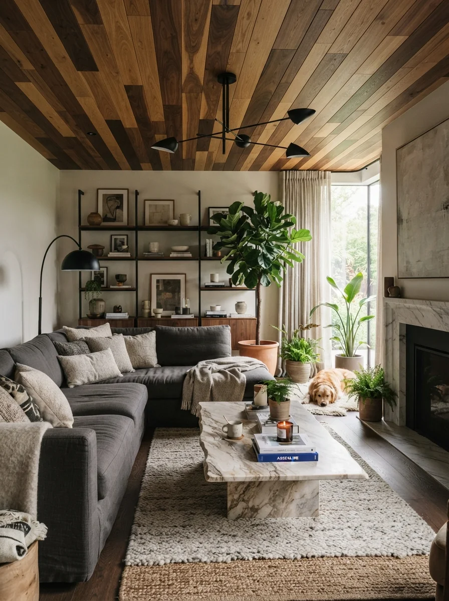 10. Mixed Wood Panel Ceiling With Luxe Contemporary Style