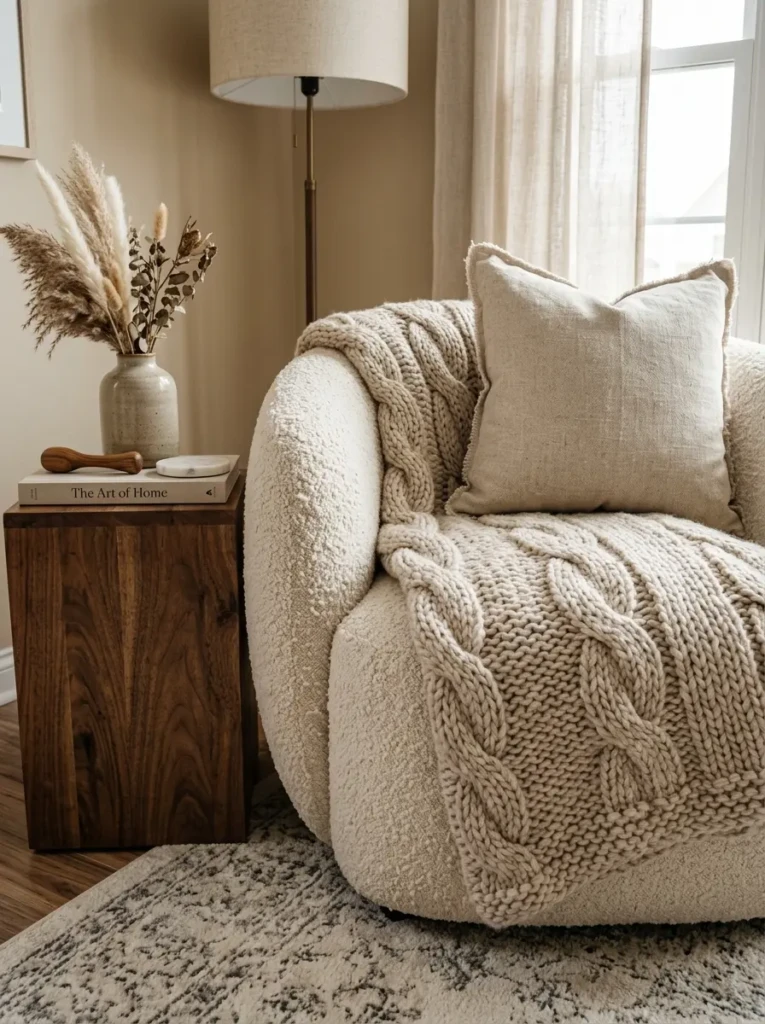 Boucle chair, knit throw, and wood accents in a cozy living room.