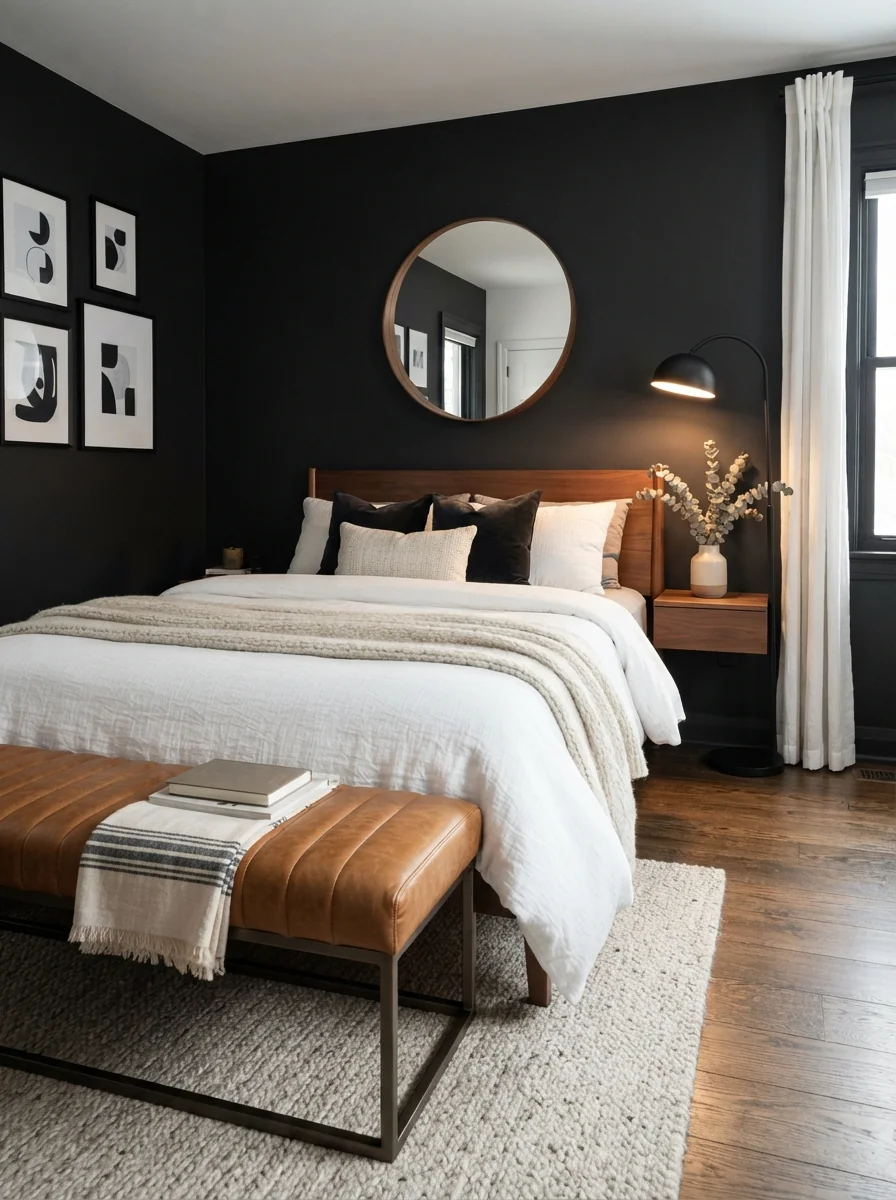 2. Modern Black and White Bedroom With Warm Wood Details