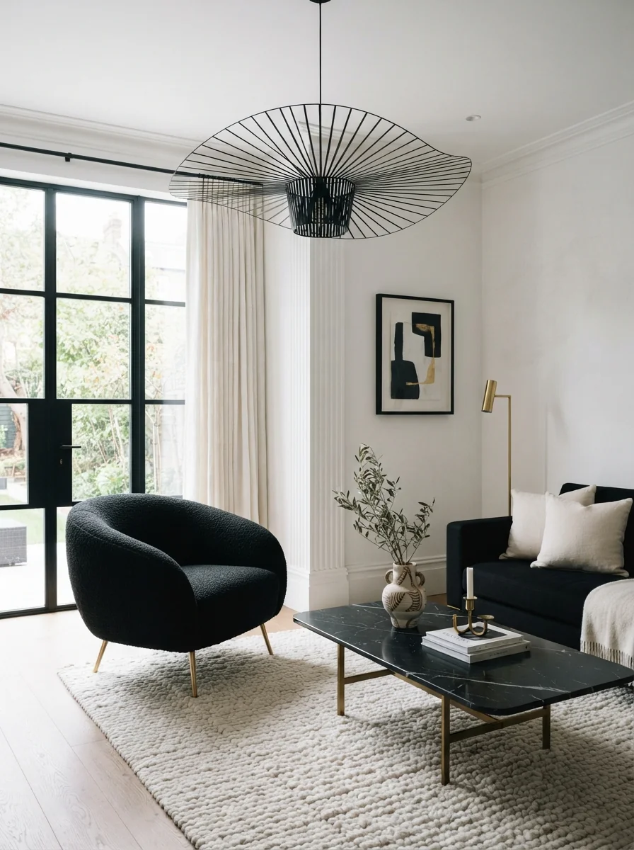 2. Modern Black And White Living Room With Sculptural Lighting