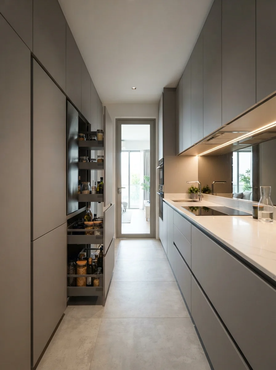 2. Modern Galley Kitchen With Smart Storage Walls