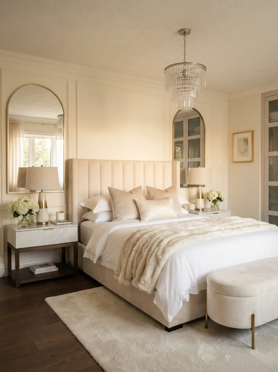 9. Modern Glam Bedroom With Metallic Accents
