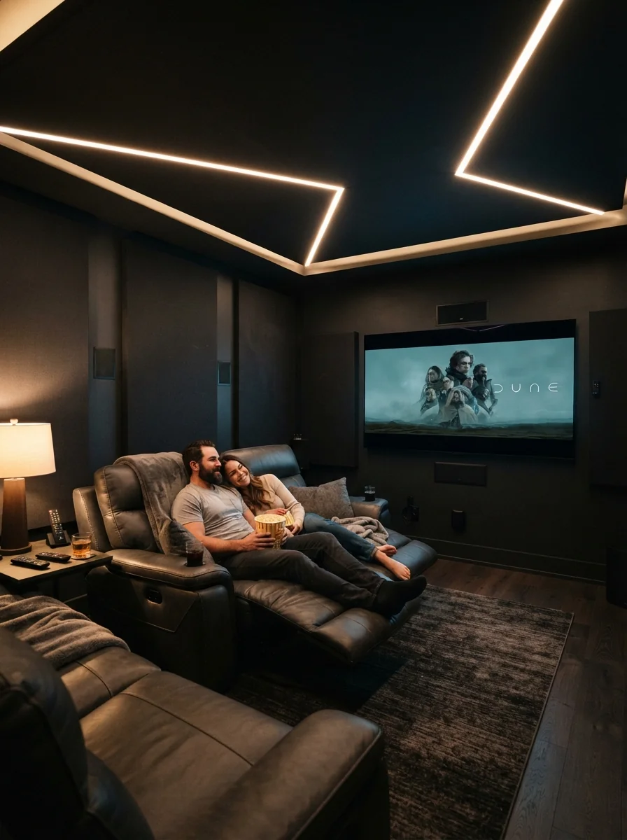 9. Modern Media Room With Dramatic Ceiling Lines