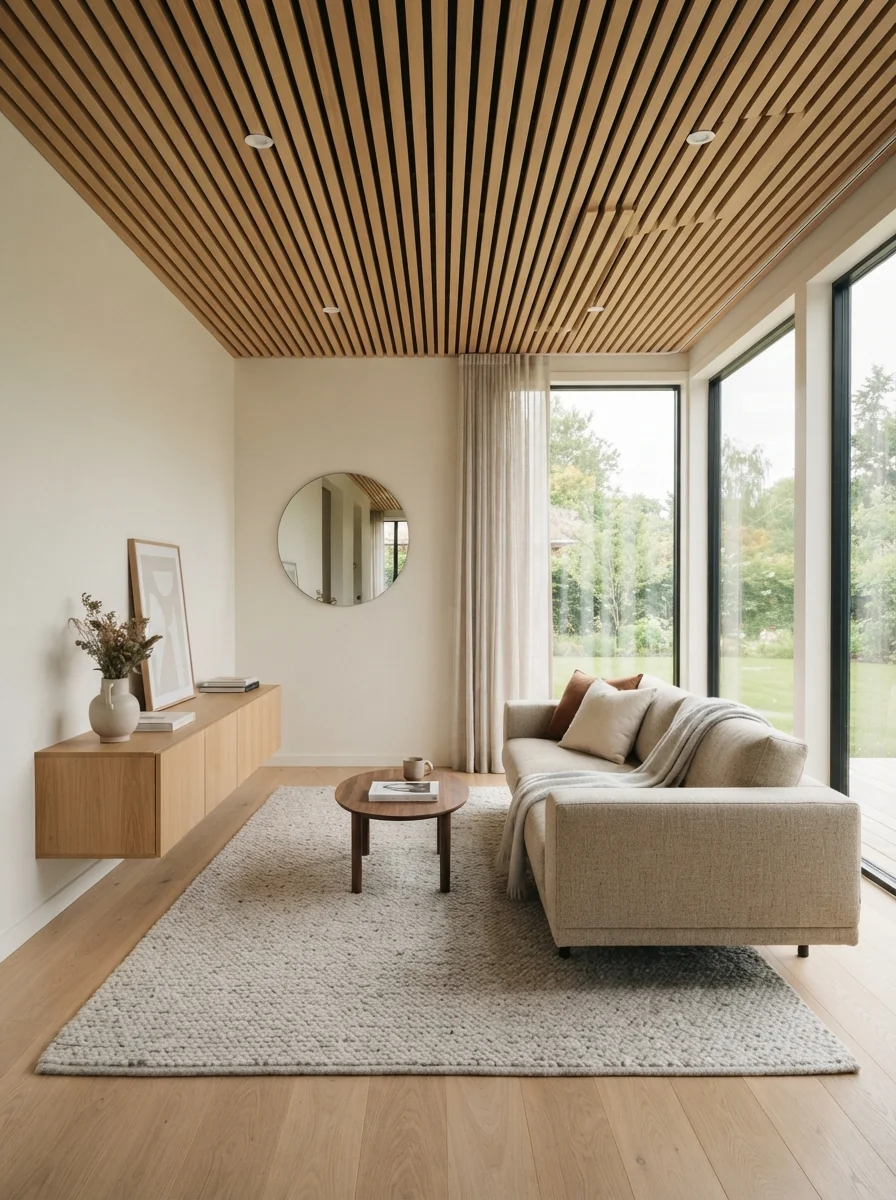 1. Modern Minimalist Oak Slat Ceiling Retreat