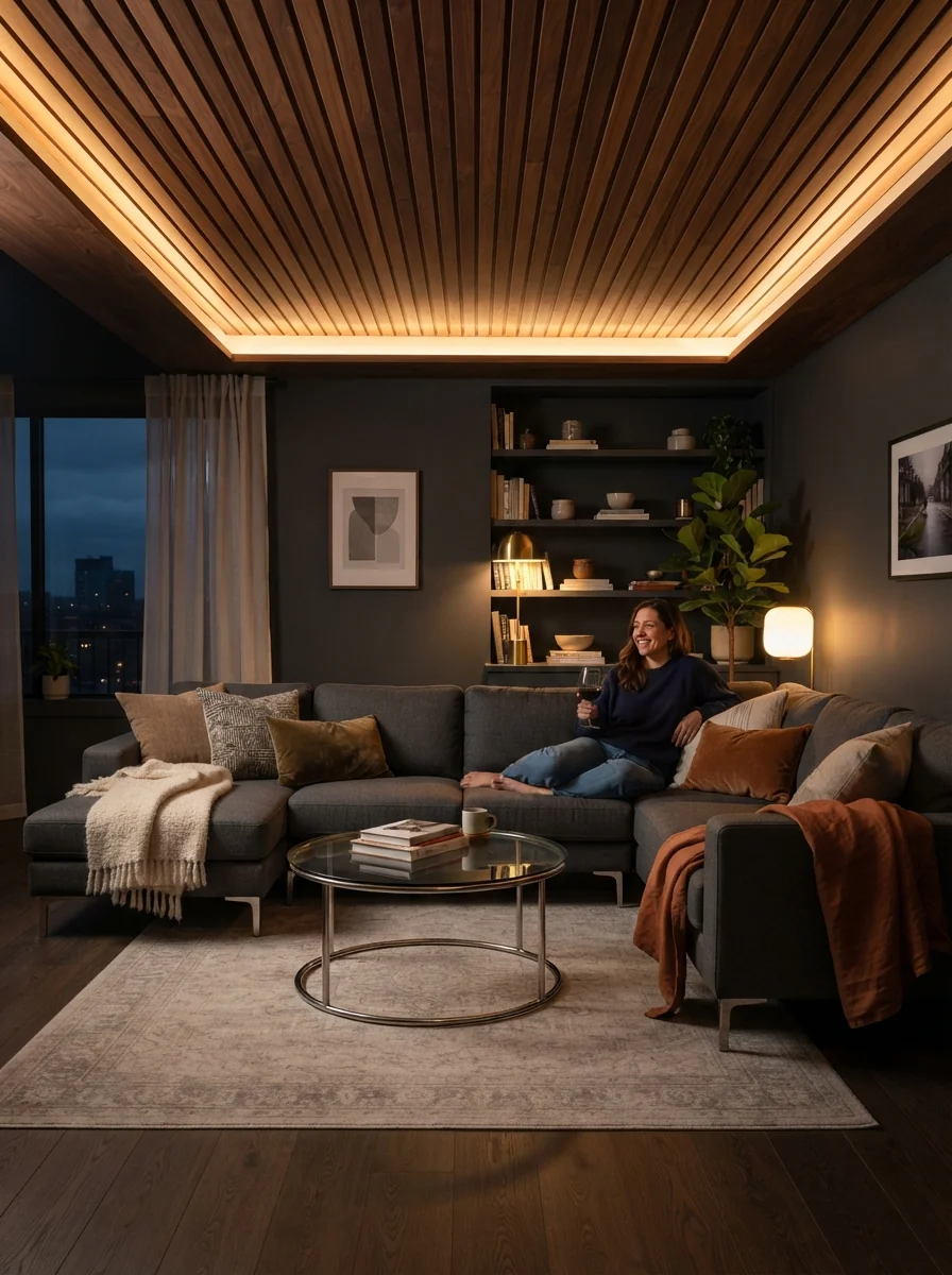 3. Modern Slatted Wood Ceiling With Hidden LED Lighting